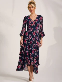 Ruffle Sleeve Tiered Mesh Midaxi Dress, Navy Floral