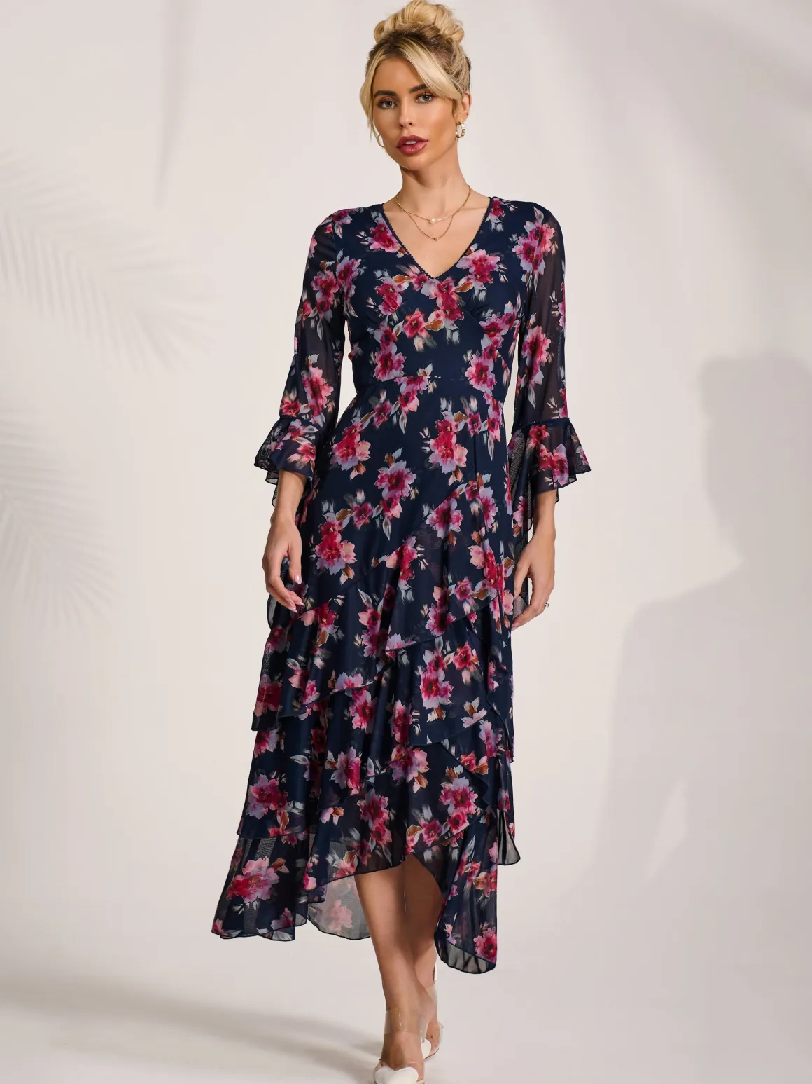 Ruffle Sleeve Tiered Mesh Midaxi Dress, Navy Floral