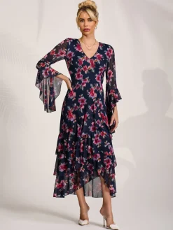 Ruffle Sleeve Tiered Mesh Midaxi Dress, Navy Floral