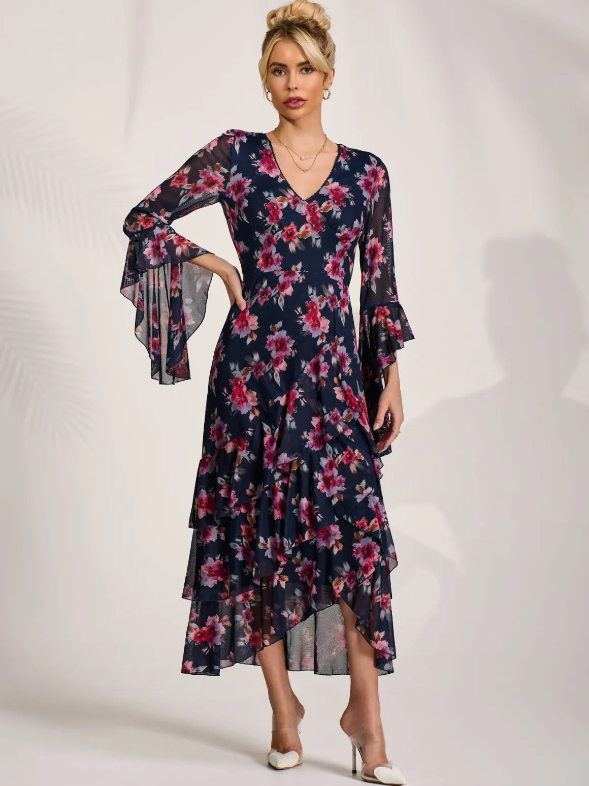Ruffle Sleeve Tiered Mesh Midaxi Dress, Navy Floral