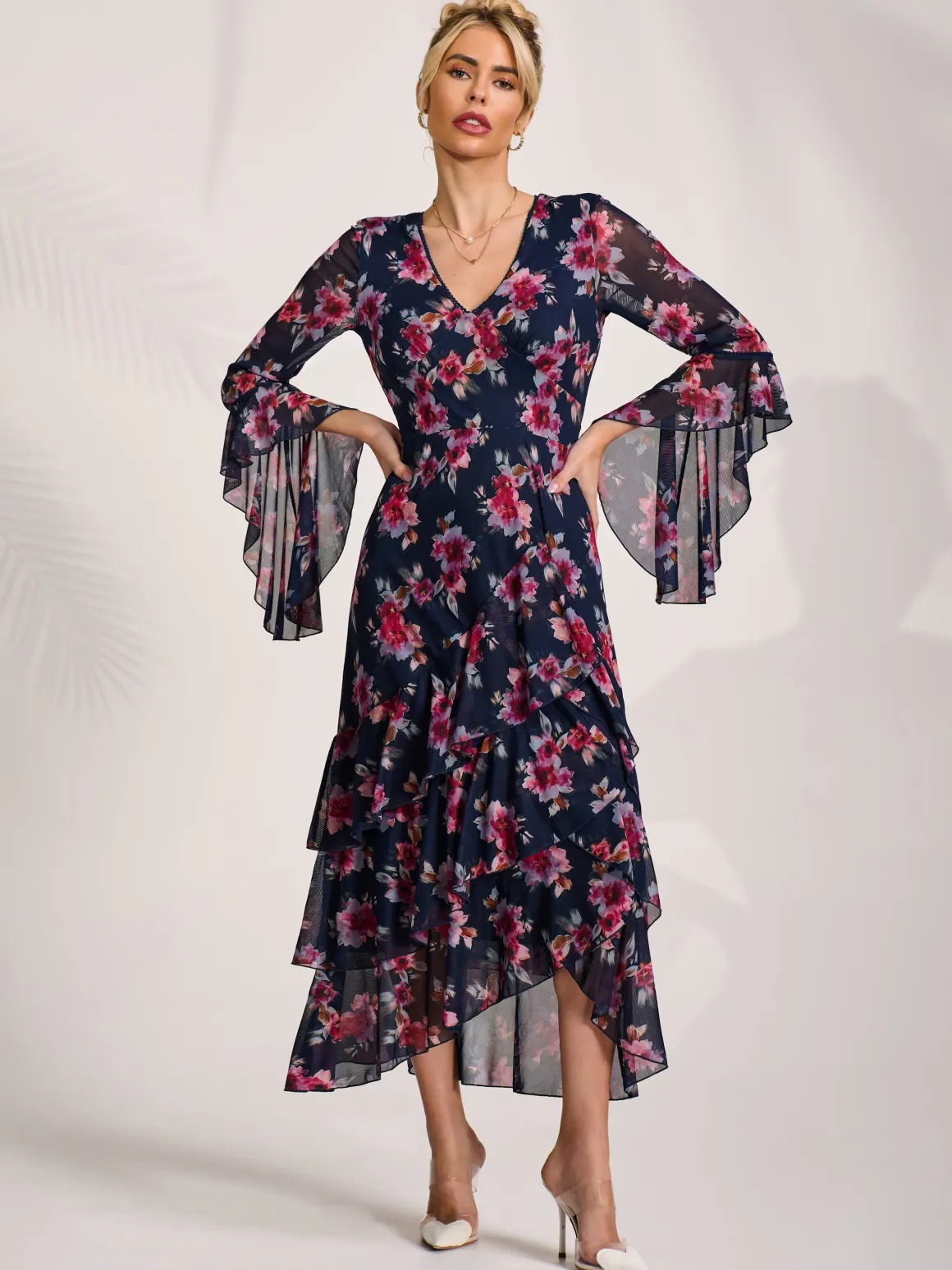 Ruffle Sleeve Tiered Mesh Midaxi Dress, Navy Floral