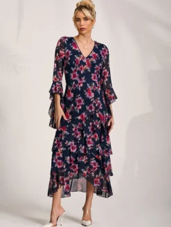 Ruffle Sleeve Tiered Mesh Midaxi Dress, Navy Floral