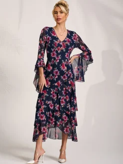 Ruffle Sleeve Tiered Mesh Midaxi Dress, Navy Floral