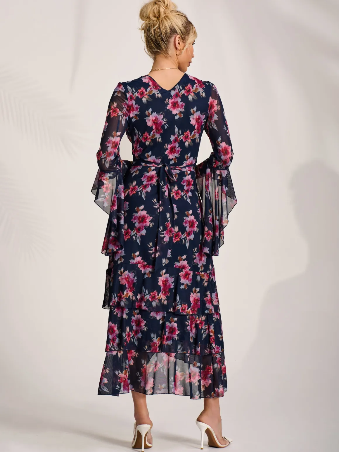 Ruffle Sleeve Tiered Mesh Midaxi Dress, Navy Floral