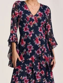Ruffle Sleeve Tiered Mesh Midaxi Dress, Navy Floral