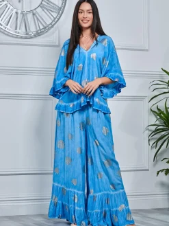 Ruffle Trim Kimono Sleeve Holiday Blouse, Blue Abstract