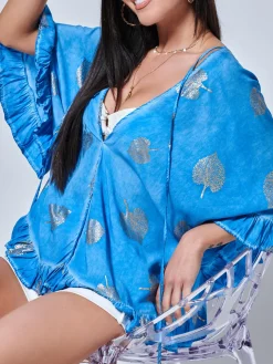 Ruffle Trim Kimono Sleeve Holiday Blouse, Blue Abstract