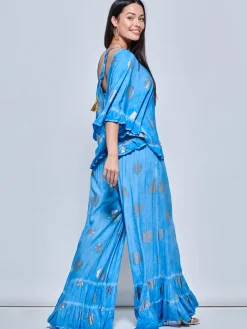 Ruffle Trim Kimono Sleeve Holiday Blouse, Blue Abstract