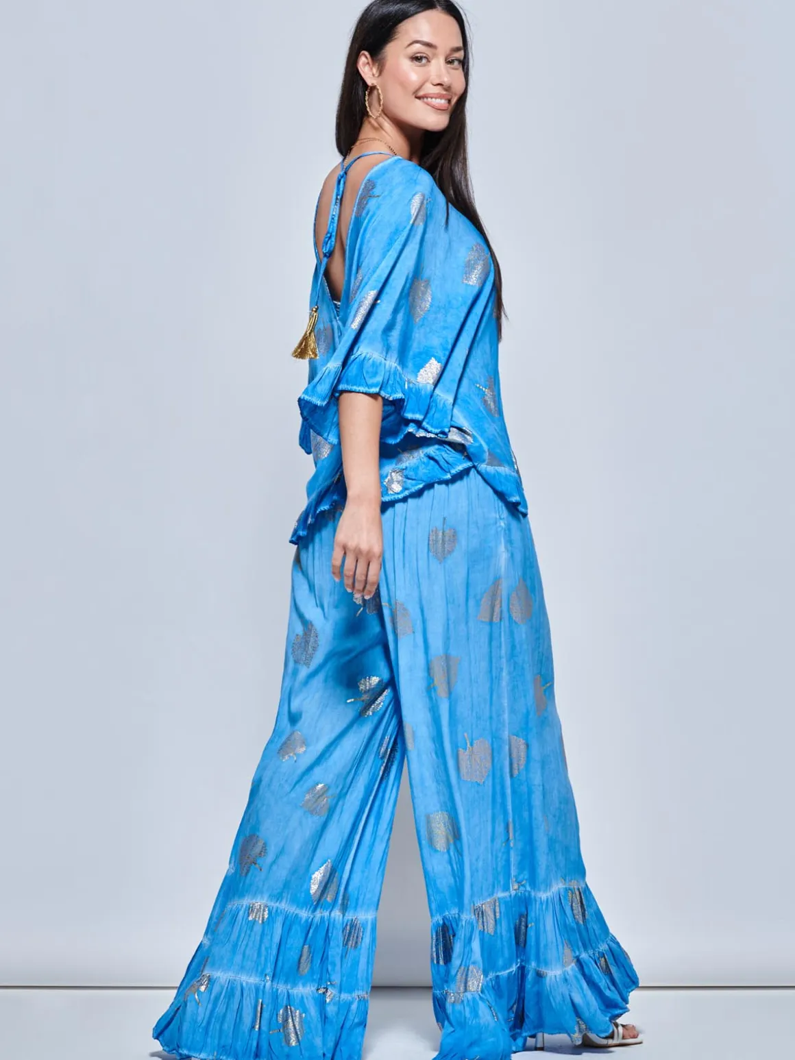 Ruffle Trim Kimono Sleeve Holiday Blouse, Blue Abstract