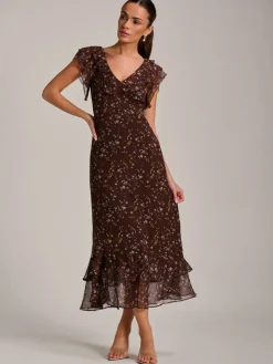 Ruffle V Neckline Chiffon Midaxi Dress, Brown Multi
