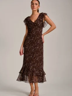 Ruffle V Neckline Chiffon Midaxi Dress, Brown Multi