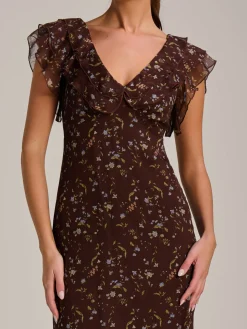 Ruffle V Neckline Chiffon Midaxi Dress, Brown Multi