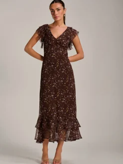 Ruffle V Neckline Chiffon Midaxi Dress, Brown Multi