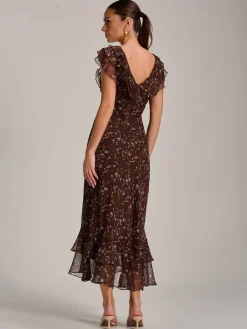 Ruffle V Neckline Chiffon Midaxi Dress, Brown Multi