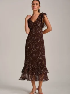 Ruffle V Neckline Chiffon Midaxi Dress, Brown Multi