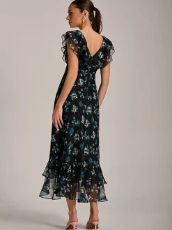 Ruffle V Neckline Chiffon Midaxi Dress, Navy Multi