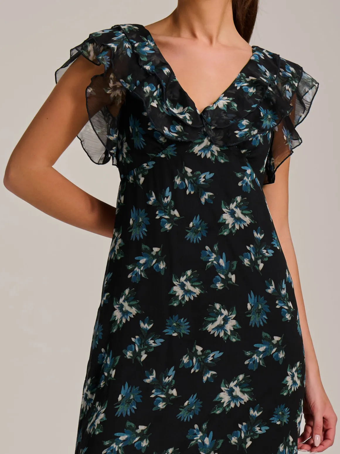Ruffle V Neckline Chiffon Midaxi Dress, Navy Multi