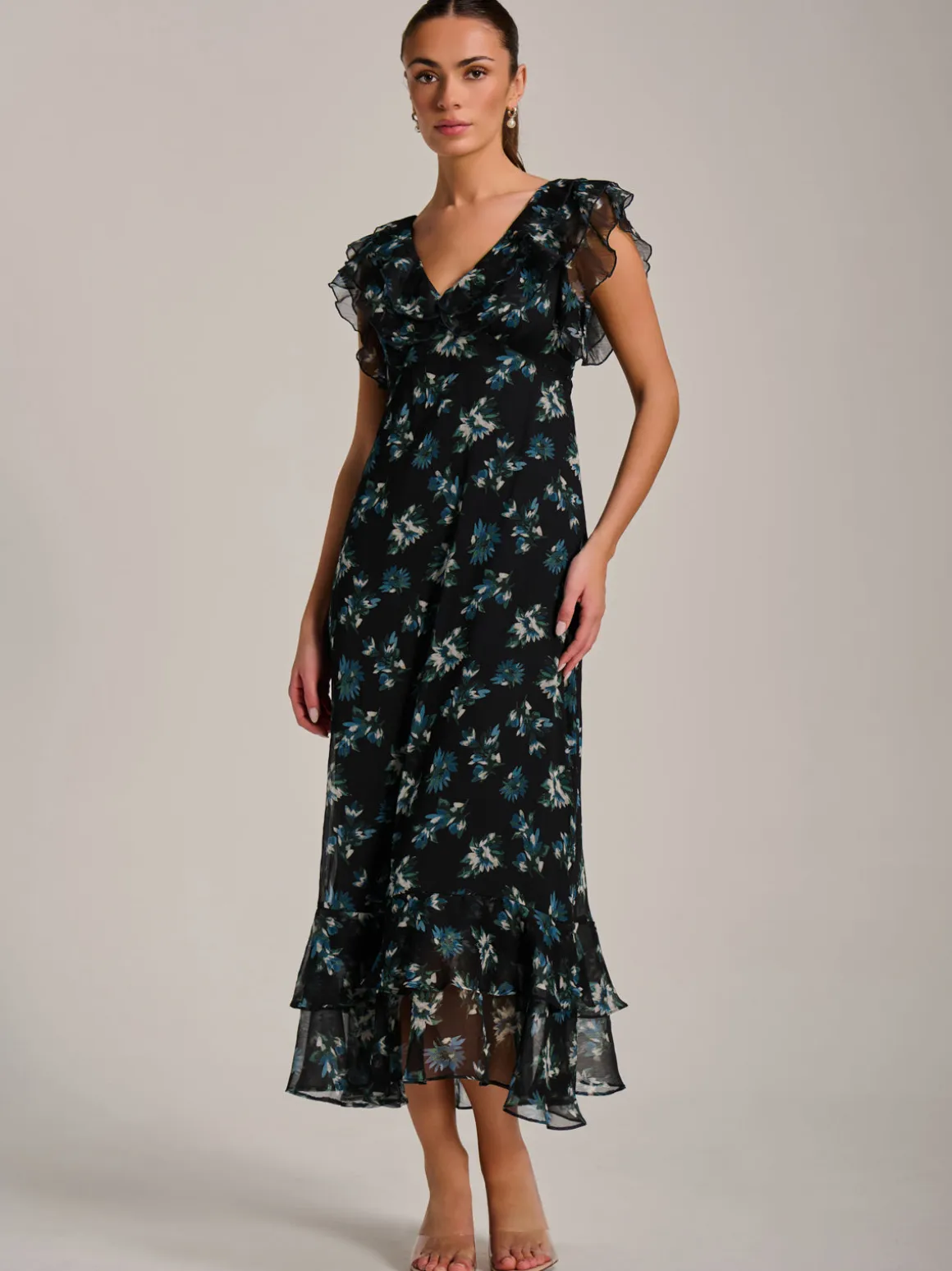 Ruffle V Neckline Chiffon Midaxi Dress, Navy Multi