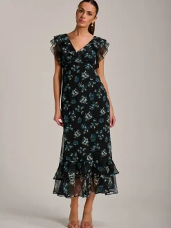Ruffle V Neckline Chiffon Midaxi Dress, Navy Multi