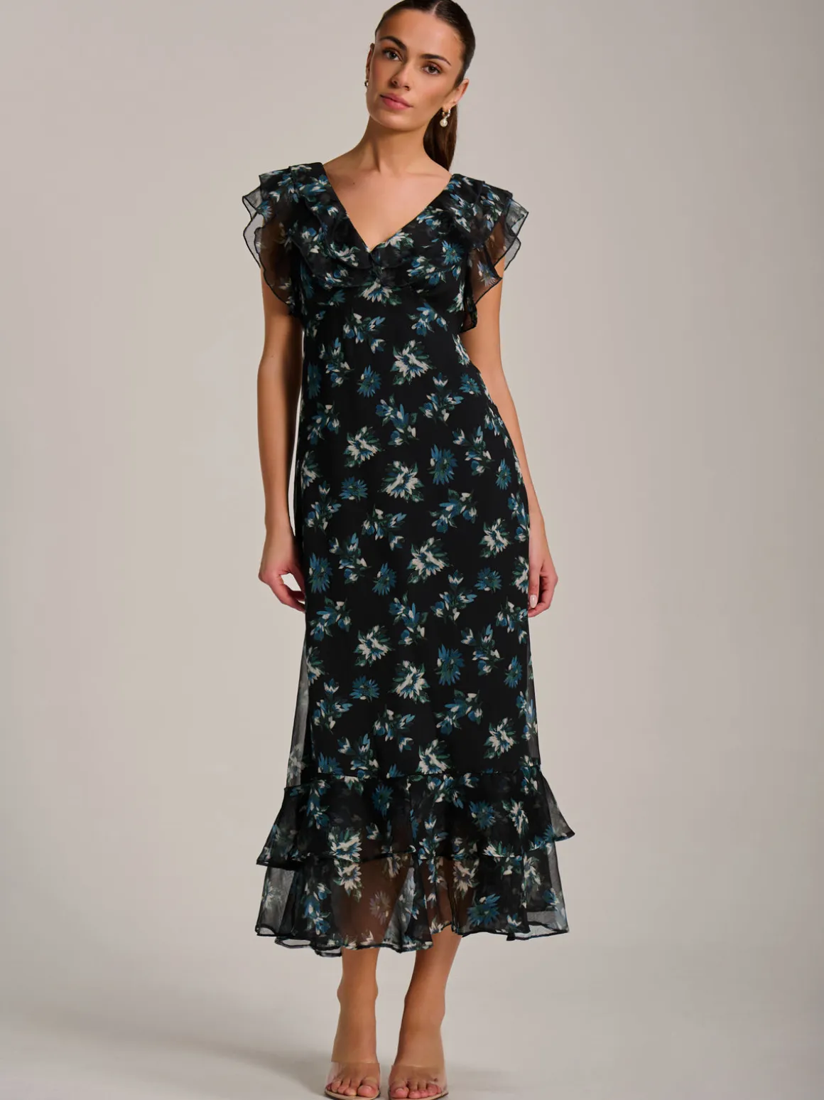 Ruffle V Neckline Chiffon Midaxi Dress, Navy Multi