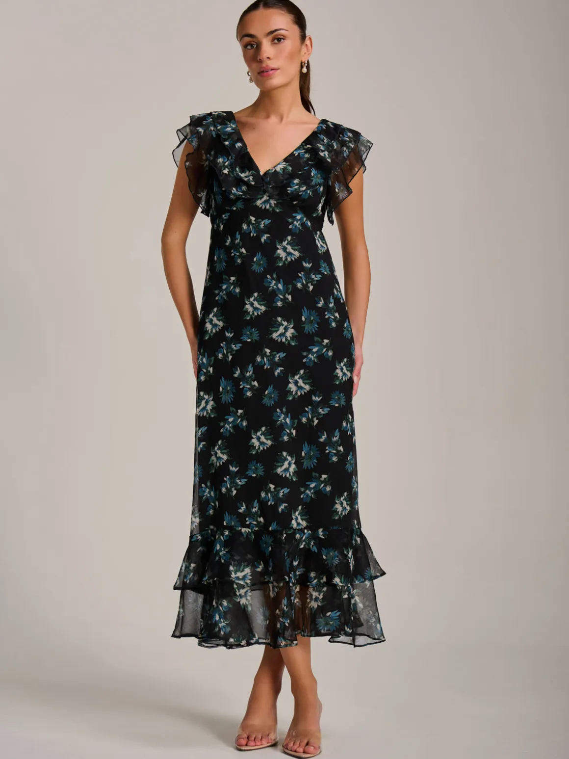 Ruffle V Neckline Chiffon Midaxi Dress, Navy Multi