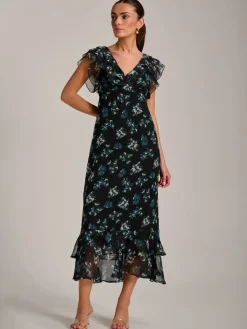 Ruffle V Neckline Chiffon Midaxi Dress, Navy Multi
