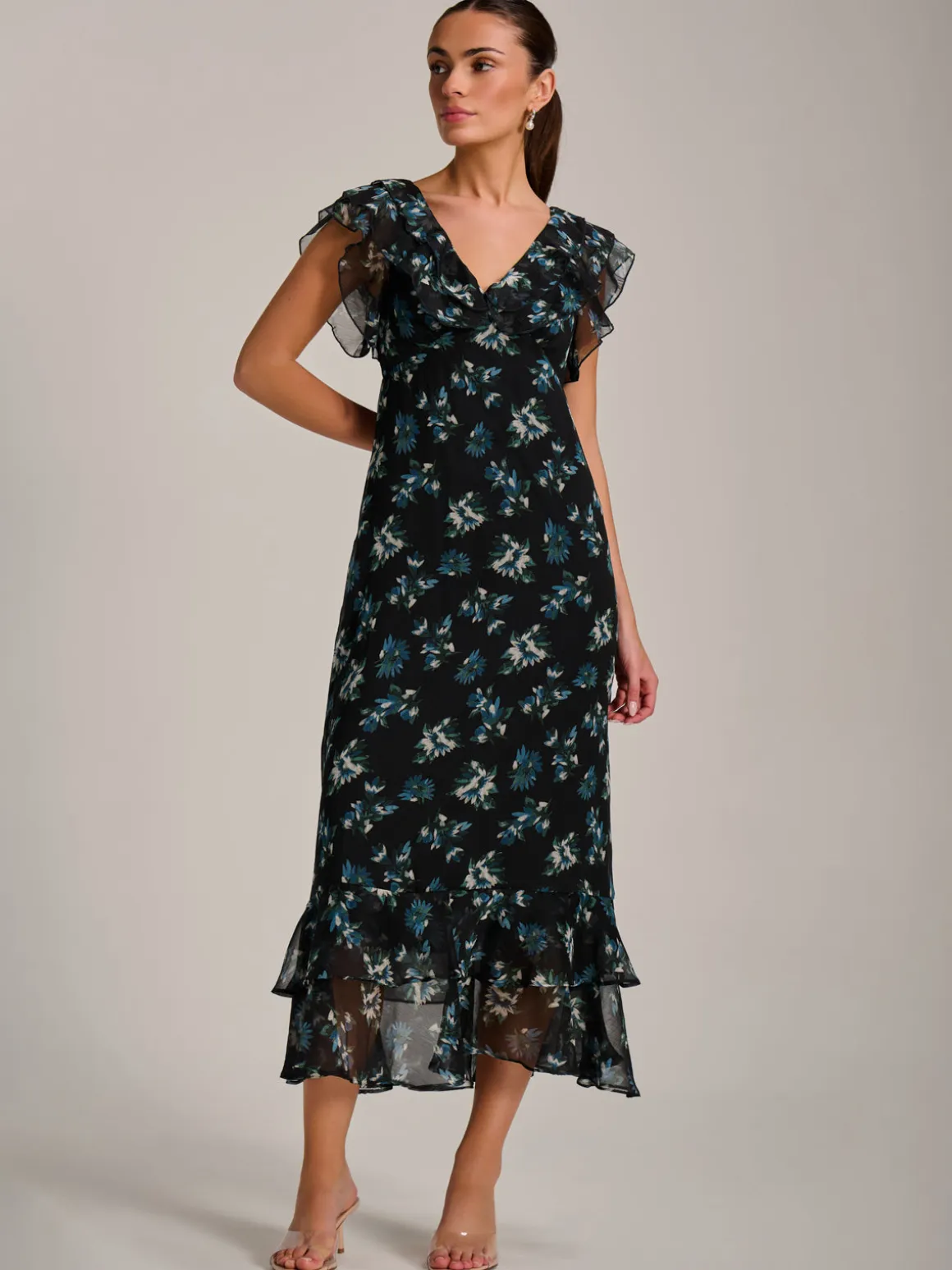 Ruffle V Neckline Chiffon Midaxi Dress, Navy Multi