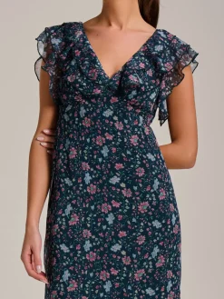 Ruffle V Neckline Chiffon Midaxi Dress, Teal Multi