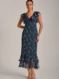 Ruffle V Neckline Chiffon Midaxi Dress, Teal Multi