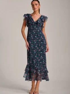 Ruffle V Neckline Chiffon Midaxi Dress, Teal Multi