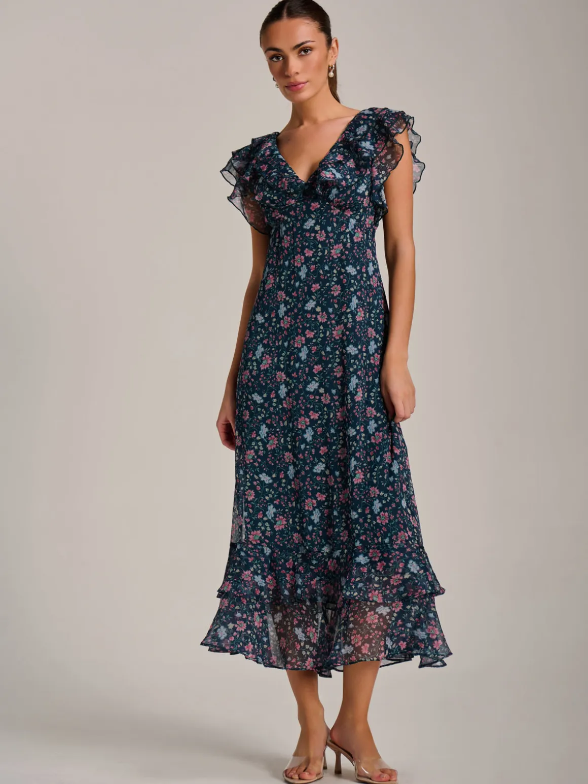 Ruffle V Neckline Chiffon Midaxi Dress, Teal Multi