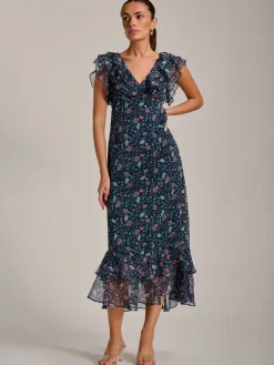 Ruffle V Neckline Chiffon Midaxi Dress, Teal Multi