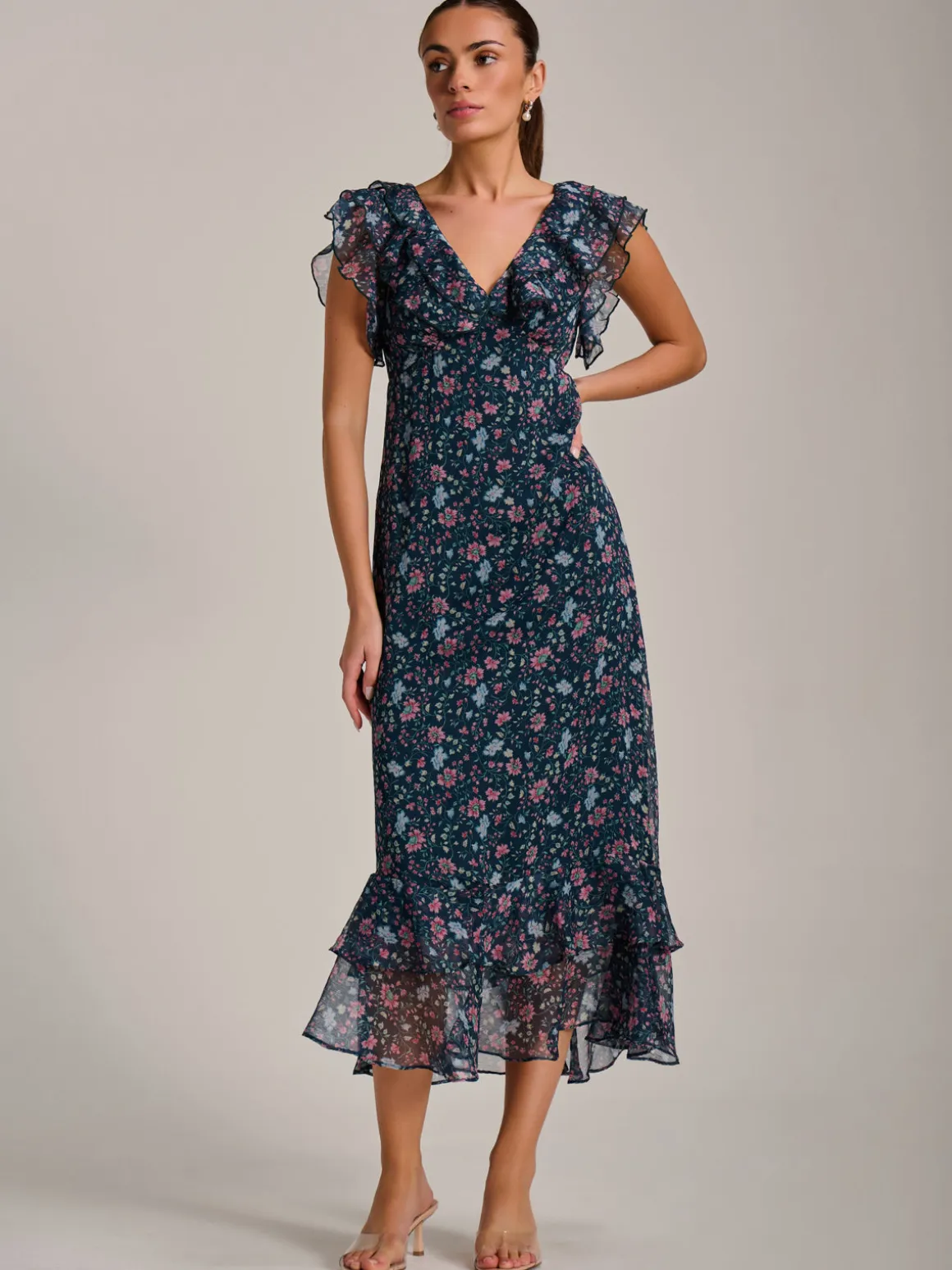 Ruffle V Neckline Chiffon Midaxi Dress, Teal Multi