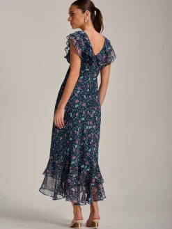Ruffle V Neckline Chiffon Midaxi Dress, Teal Multi