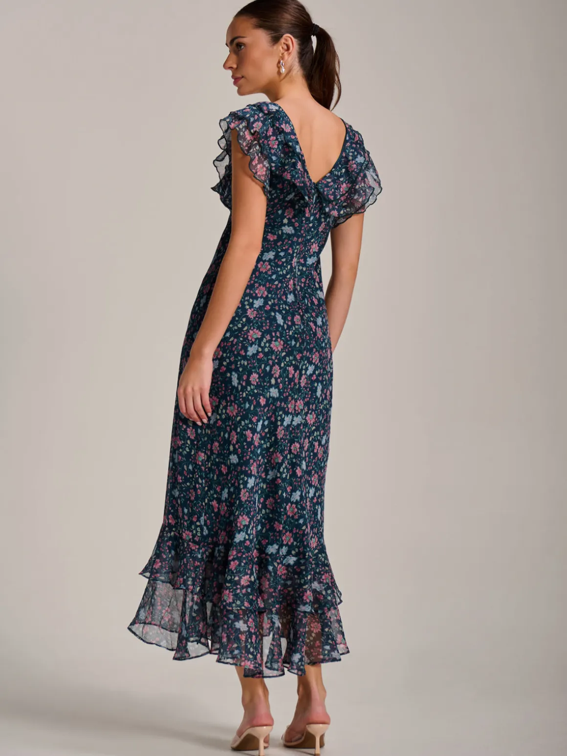 Ruffle V Neckline Chiffon Midaxi Dress, Teal Multi