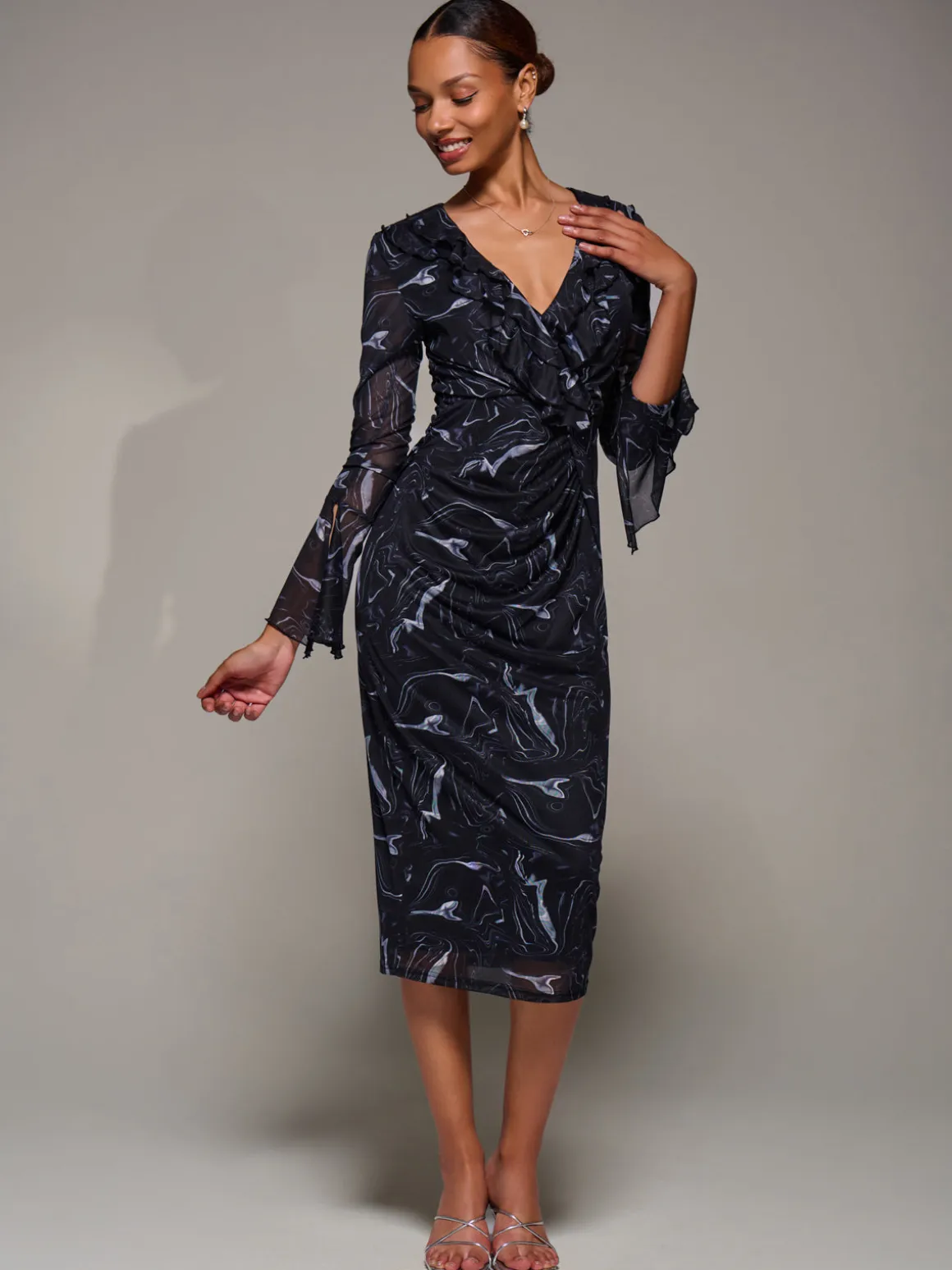 Ruffle V-Neckline Mesh Bodycon Midaxi Dress, Black Abstract