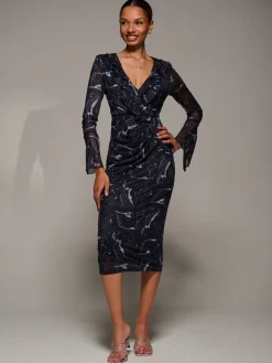 Ruffle V-Neckline Mesh Bodycon Midaxi Dress, Black Abstract