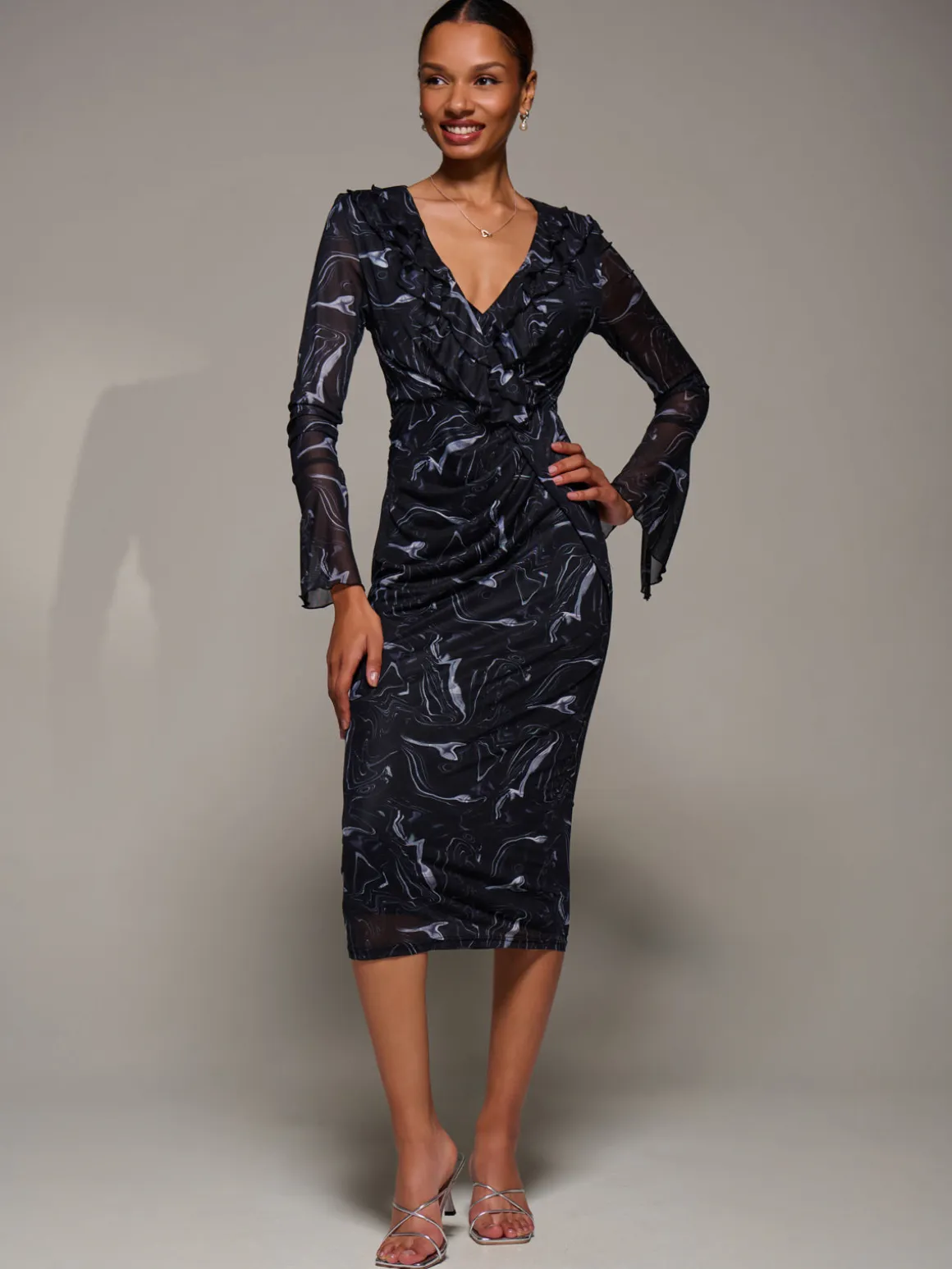 Ruffle V-Neckline Mesh Bodycon Midaxi Dress, Black Abstract