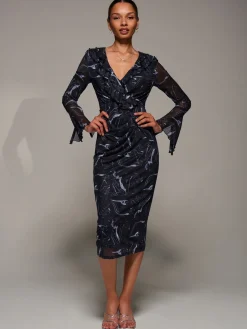 Ruffle V-Neckline Mesh Bodycon Midaxi Dress, Black Abstract
