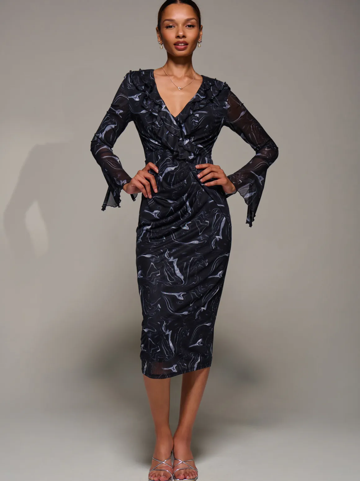 Ruffle V-Neckline Mesh Bodycon Midaxi Dress, Black Abstract