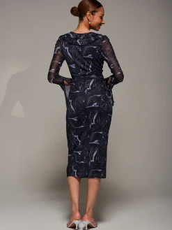 Ruffle V-Neckline Mesh Bodycon Midaxi Dress, Black Abstract
