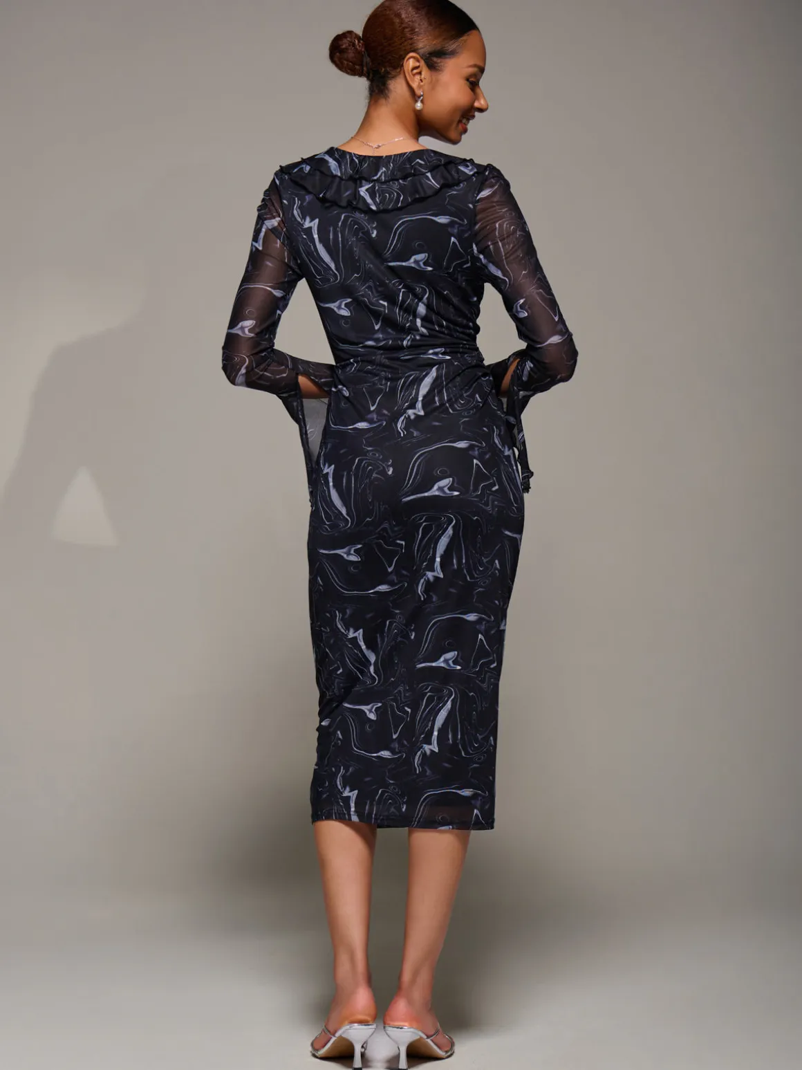 Ruffle V-Neckline Mesh Bodycon Midaxi Dress, Black Abstract