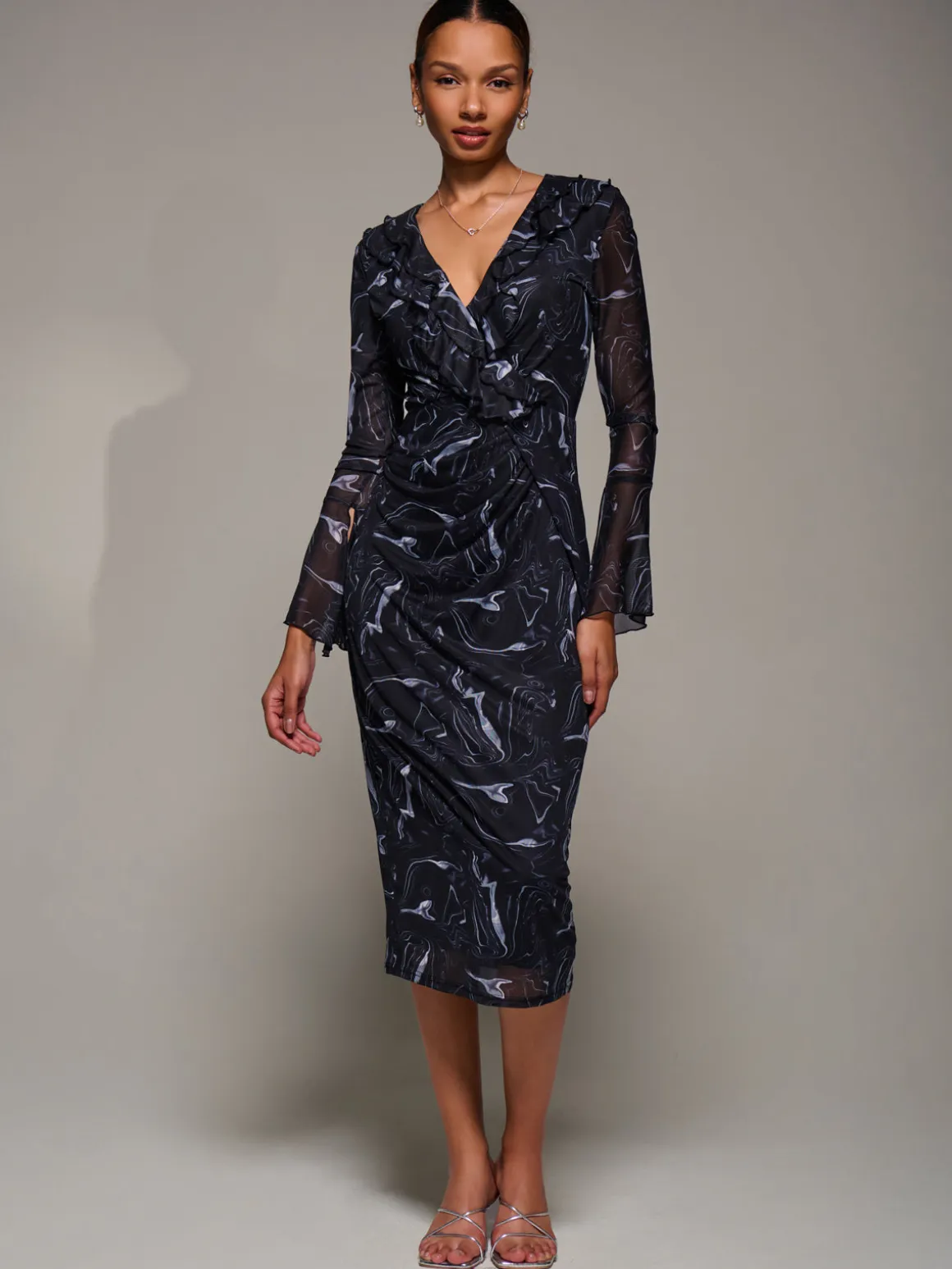 Ruffle V-Neckline Mesh Bodycon Midaxi Dress, Black Abstract