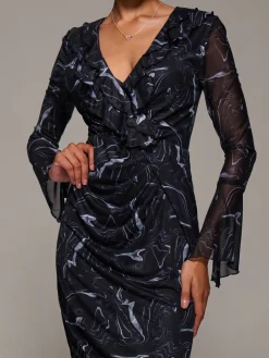 Ruffle V-Neckline Mesh Bodycon Midaxi Dress, Black Abstract