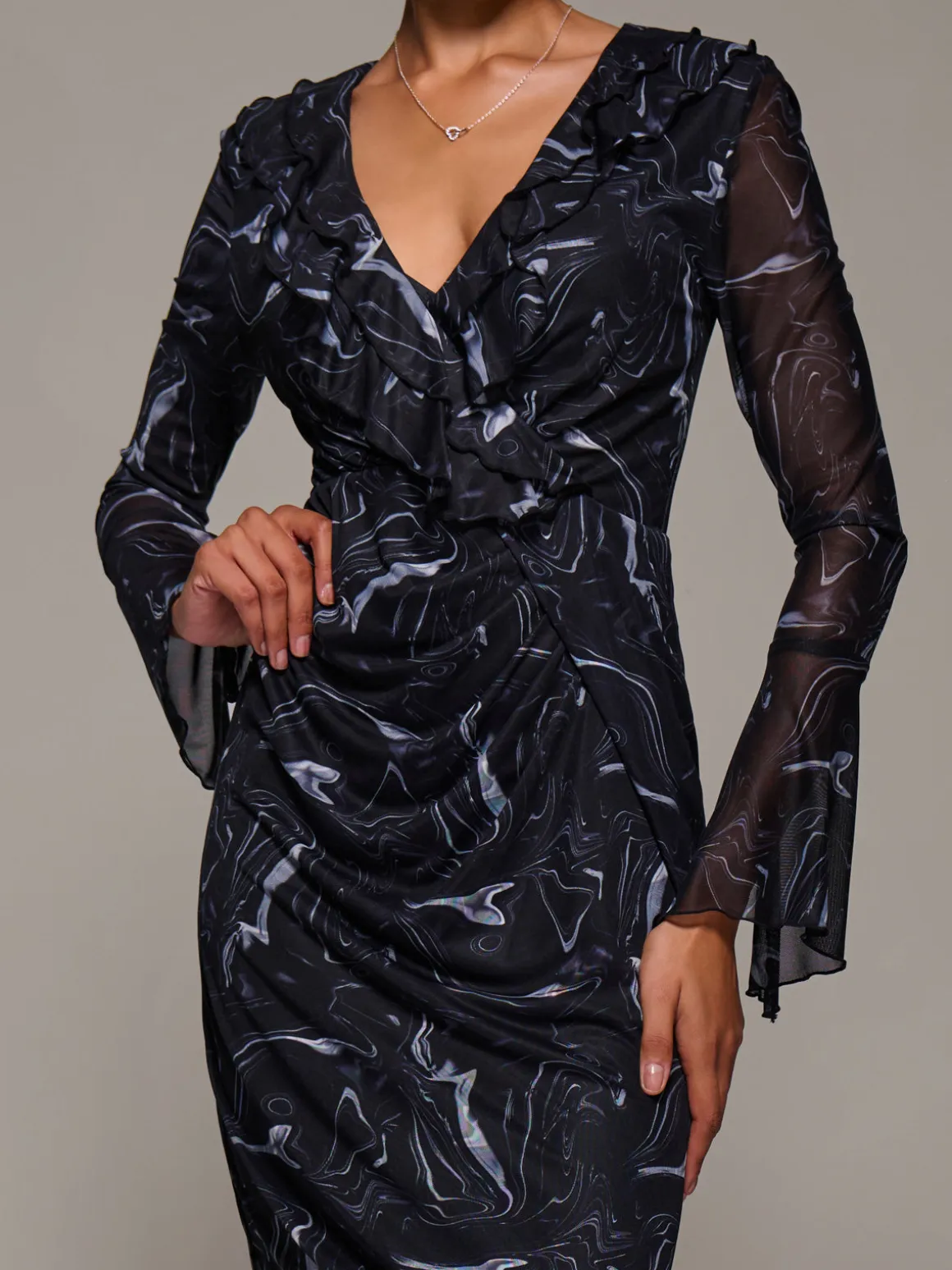 Ruffle V-Neckline Mesh Bodycon Midaxi Dress, Black Abstract
