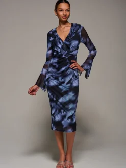 Ruffle V-Neckline Mesh Bodycon Midaxi Dress, Blue Abstract