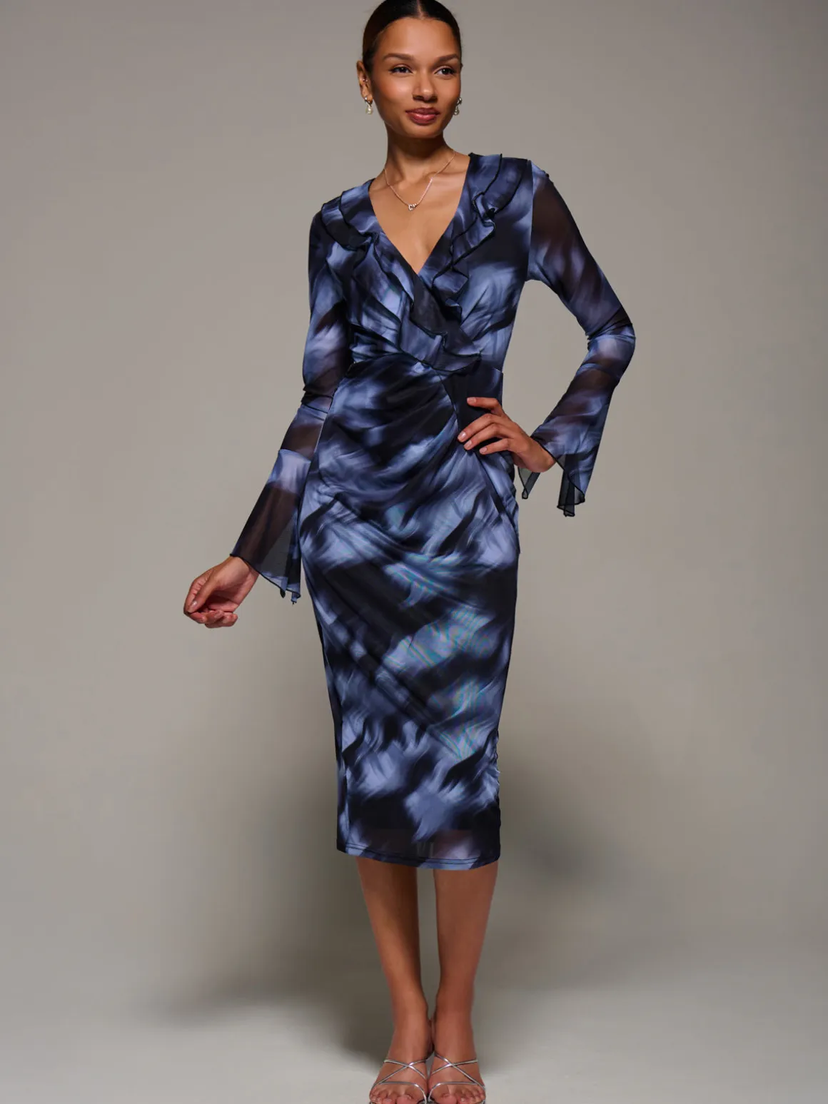 Ruffle V-Neckline Mesh Bodycon Midaxi Dress, Blue Abstract