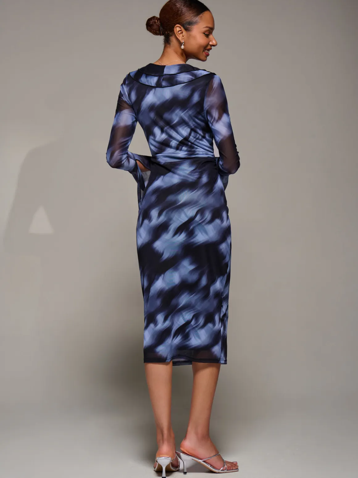 Ruffle V-Neckline Mesh Bodycon Midaxi Dress, Blue Abstract
