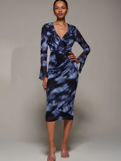 Ruffle V-Neckline Mesh Bodycon Midaxi Dress, Blue Abstract