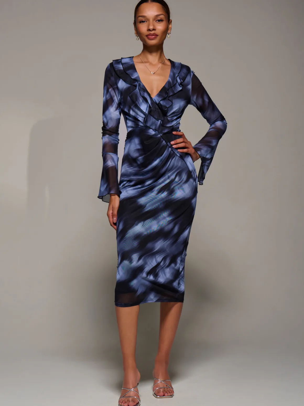 Ruffle V-Neckline Mesh Bodycon Midaxi Dress, Blue Abstract